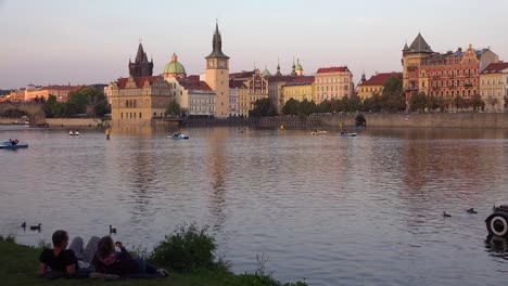 Automobile-themed-paddleboat-moves-on-the-Vltava-River-in-Prague-Czech-Republic