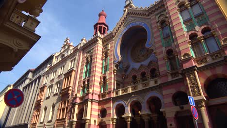 An-establishing-shot-of-the-Jewish-synagogue-of-Prague-Czech-Republic