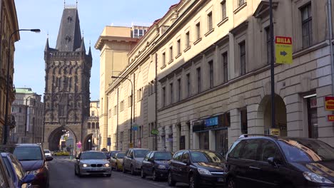 An-establishing-view-down-a-road-in-a-business-district-of-Prague-Czech-Republic