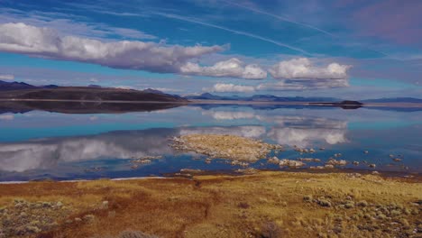 Beautiful-and-inspiring-nature-drone-aerial-over-Mono-Lake-in-winter-with-perfect-reflection-tufa-outcropping-in-the-Eastern-Sierra-Nevada-mountains-in-California-1