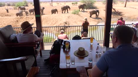 Touristen-Fotografieren-Elefanten,-Die-An-Einer-Wasserstelle-Baden,-Von-Einem-Hotelbalkon-Im-Erindi-Game-Reserve-Namibia-1