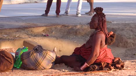 Eine-Himba-Stammesfrau-Sitzt-Neben-Der-Straße-Mit-Erstaunlicher-Frisur-Aus-Schlamm-Und-Zöpfen-Und-Dreadlocks-In-Der-Marktstadt-Opuwo,-Namibian