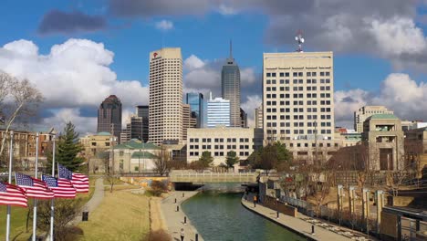 Establishing-aerial-drone-shot-of-downtown-city-skyline-and-riverfront-walk-Indianapolis-Indiana-2