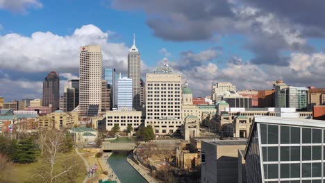 Establishing-aerial-drone-shot-of-downtown-city-skyline-and-riverfront-walk-Indianapolis-Indiana-3