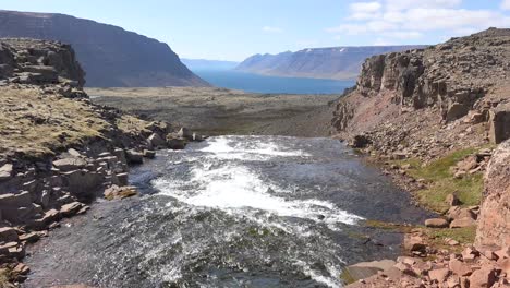 Wide-river-of-glacier-and-snow-melt-flowing-out-into-the-vast-fjords-of-the-Westfjords-of-Iceland