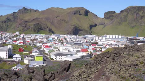 Establishing-shot-of-the-town-of-Heimaey-in-the-Westman-Islands-Vestmannaeyjar-Iceland-