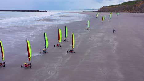 Aerial-land-carts-sail-carts-blokarts-sand-yachts-are-sailed-on-the-beach-in-France-2