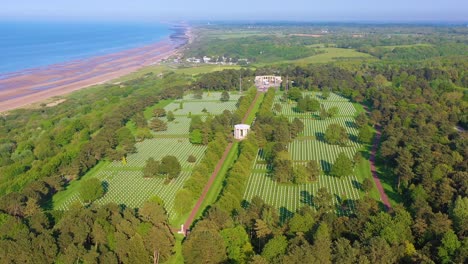 Aerial-over-vast-American-World-War-Two-cemetery-memorial-at-Omaha-Beach-Normandy-France-3