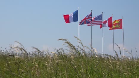 Die-Flaggen-Von-Frankreich-Großbritannien-Die-Us-Kanada-Und-Die-Normandie-Fliegen-über-Dem-Zweiten-Weltkriegsort-Der-D-day-landungen