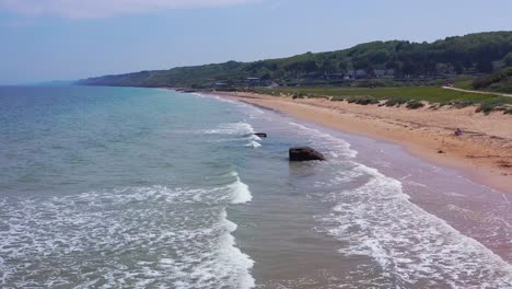 Aerial-over-Omaha-Beach-Normandy-France-site-of-World-War-two-D-Day-allied-invasion-and-Combat-Medics-memorial