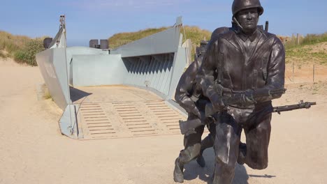 Tilt-up-to-World-War-Two-D-Day-memorial-on-Utah-Beach-Normady-France