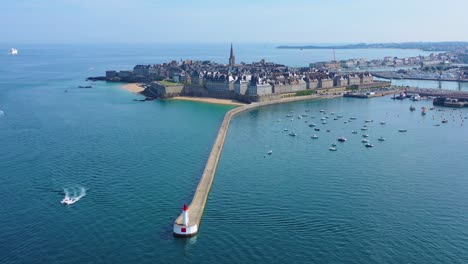 Beautiful-aerial-of-Saint-Malo-France-with-harbor-breakwater-and-pier