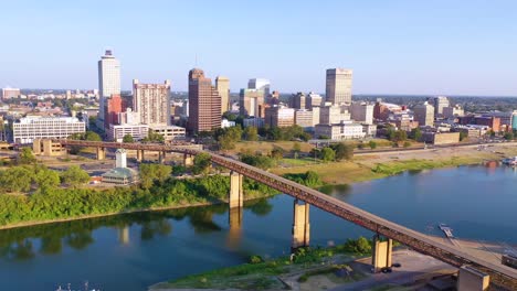 Good-aerial-establishing-shot-of-downtown-city-center-and-business-district-of-Memphis-Tennessee-from-Mud-Island-and-Mississippi-River