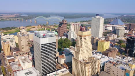 Aerial-of-downtown-Memphis-Tennessee-high-rises-skyscrapers-businesses-skyline-stadium-and-Mississippi-River-2