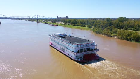 Beautiful-aerial-shot-of-a-paddlewheel-steamboat-luxury-cruise-ship-on-the-Mississippi-River-near-West-Helena-Arkansas-1