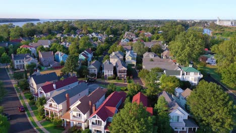 Aerial-over-generic-upscale-neighborhood-with-houses-and-duplexes-in-a-suburban-region-of-Memphis-Tennessee-Mud-Island