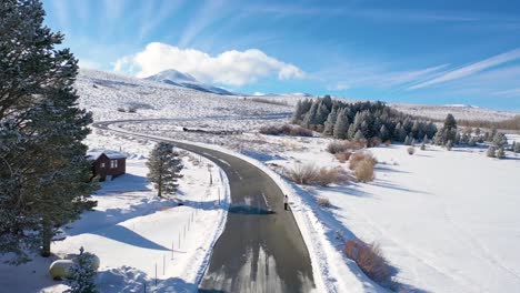 2020---aerial-of-a-cleared-woman-walking-dog-along-snow-covered-mountain-road-in-the-Eastern-Sierra-Nevada-mountains-near-Mammoth-lakes-California