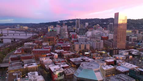 Aerial-of-downtown-business-district-Portland-Oregon-at-sunset-or-dusk