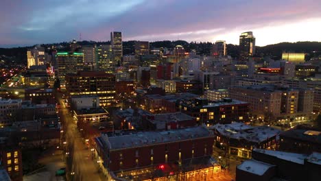 Aerial-of-downtown-business-district-Portland-Oregon-at-night