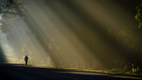 Sun-rays-shine-down-beautifully-onto-a-highway-or-road-with-a-person-walking-distant