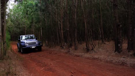 A-silver-Jeep-drives-along-a-red-dirt-road-on-the-island-of-Lanai-in-Hawaii-1