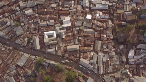 Remarkable-aerial-shot-looking-straight-down-above-vast-overpopulated-slums-in-Kibera-Nairobi-Kenya