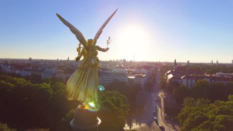 Aerial-around-the-beautiful-golden-Angel-Of-Peace-Maximillian-Park-in-the-Munich-Germany-suburb-of-Bogenhausen