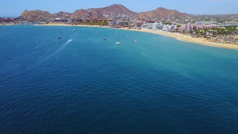 Great-establishing-aerial-shot-of-Cabo-San-Lucas-Baja-California-Mexico-hotels-and-resorts-along-coast