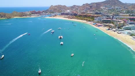 Great-establishing-aerial-shot-of-Cabo-San-Lucas-Baja-California-Mexico-hotels-and-resorts-along-coast-1