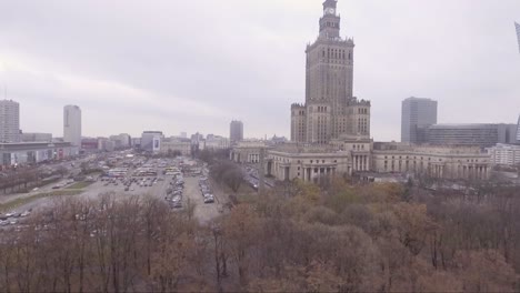 Aerial-rising-shot-of-Palace-of-Culture-and-Science-in-Warsaw-Poland