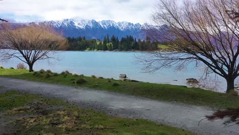 Vista-Aérea-Of-A-Girl-Playing-Frisbee-Golf-In-A-Forest-With-Queenstown-New-Zealand-And-Southern-Alps-In-Distance