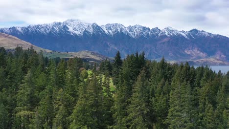 Aerial-Shot-Over-Trees-Reveals-Queenstown-New-Zealand-And-Remarkables-Mountain-Range