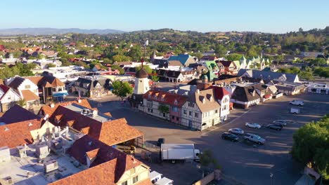 Aerial-Over-The-Quaint-Danish-Town-Of-Solvang-California-With-Denmark-Windmill-And-Shops