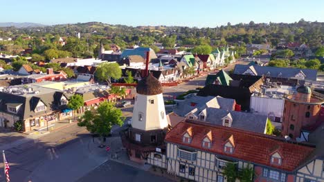 Aerial-Over-The-Quaint-Danish-Town-Of-Solvang-California-With-Denmark-Windmill-And-Shops-1