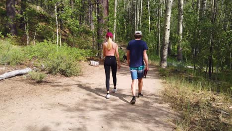 A-Man-And-Woman-Walk-Through-A-Forest-With-Their-Dogs-In-Slow-Motion-In-The-Sierra-Nevada-Mountains-Near-Lake-Tahoe-California-2
