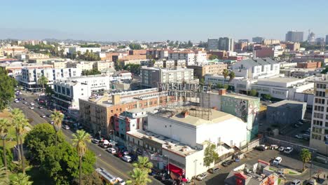 Aerial-Of-Westlake-Theater-Sign-And-Downtown-Los-Angeles-From-Wilshire-District-Near-Macarthur-Park