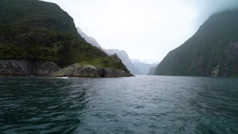 Footage-captures-the-view-from-a-vessel's-journey-through-Fiordland-National-Park-in-New-Zealand's-South-Island