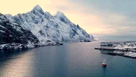 Boats-And-Buildings-Are-Seen-In-The-Wintry-Lofoten-Islands-Norway