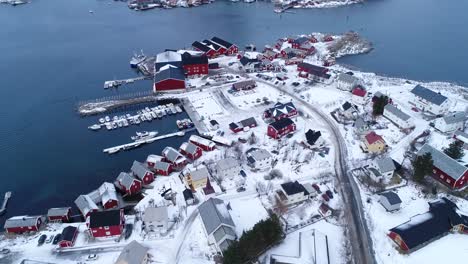 An-Aerial-View-Shows-Dwellings-And-Docks-On-The-Wintry-Lofoten-Islands-Norway