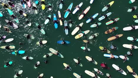Vista-Aérea-over-surfers-in-circle-during-BLM-Black-Lives-Matter-Paddle-For-Freedom-gathering-in-California-8