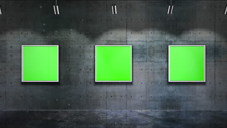 Motion-camera-in-art-gallery-with-picture-and-modern-frame-with-green-mockup-screen-art-background-2