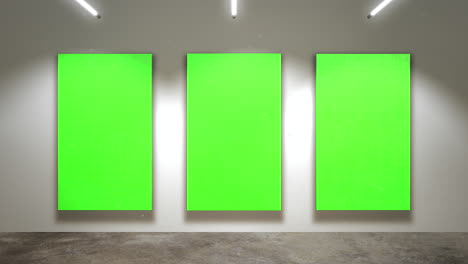 Motion-camera-in-art-gallery-with-picture-and-modern-frame-with-green-mockup-screen-art-background