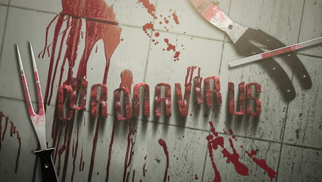 Animated-closeup-text-Coronavirus-and-mystical-horror-background-with-dark-blood-and-medical-instruments