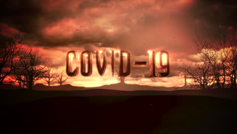 Animation-text-Covid19-and-mystical-animation-halloween-background-with-dark-clouds-and-mountains