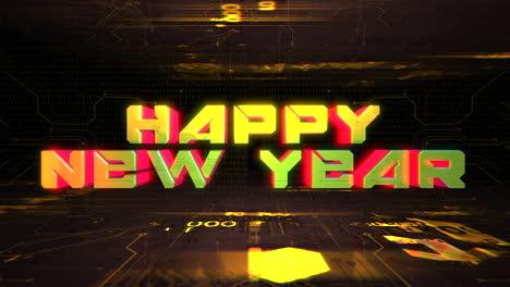 Animation-text-Happy-New-Year-and-cyberpunk-animation-background-with-computer-chip-and-neon-lights