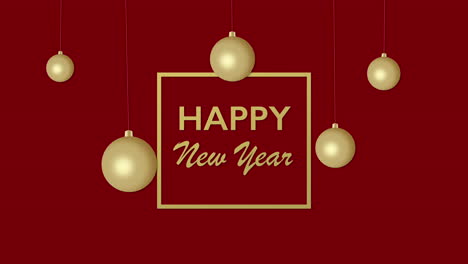 Animated-closeup-Happy-New-Year-text-and-gold-Christmas-balls-on-red-holiday-background