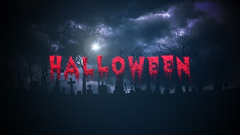 Animation-text-Halloween-on-mystical-halloween-background-with-dark-clouds-and-grave-on-cemetery