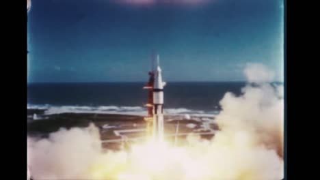 Apollo-7-Rocket-Launches-From-Its-Launch-Pad-And-Sheds-Its-Rockets-While-Blasting-Out-Of-the-Atmosphere-1968