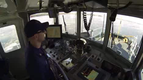 Time-Lapse-Fast-Motion-Of-A-Coast-Guard-Icebreaker-Boat-Cutting-Its-Way-Through-He-Delaware-River