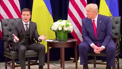Us-President-Donald-Trump-Sits-And-Talks-With-President-Of-Ukraine-Volodymyr-Zelensky-At-A-Press-Conference-During-The-Impeachment-Whistleblower-Scandal-Coruption-And-Anticorruption-Measures-Are-Discussed-With-Handshake
